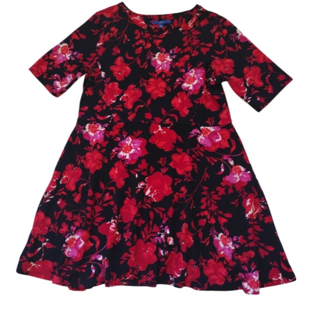 Apt. 9 Dress Womens XL Black Red Floral Fit Flare Crepe Stretch Pockets Boho